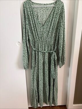 Green Floral Maxi Wrap-Style Dress with Tie Waist